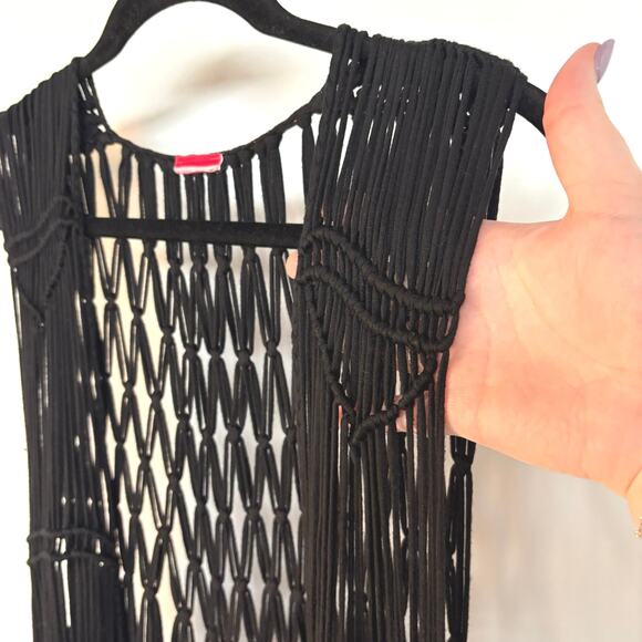 Festival Beach Crochet Black Coverup Western Boho Long Fringe Knot Open Knit Top - Picture 2 of 8
